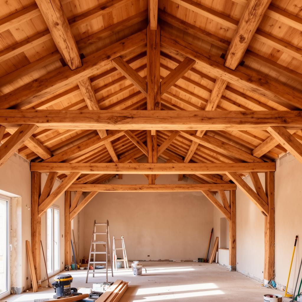 Charpente en bois traditionnelle en cours de rénovation